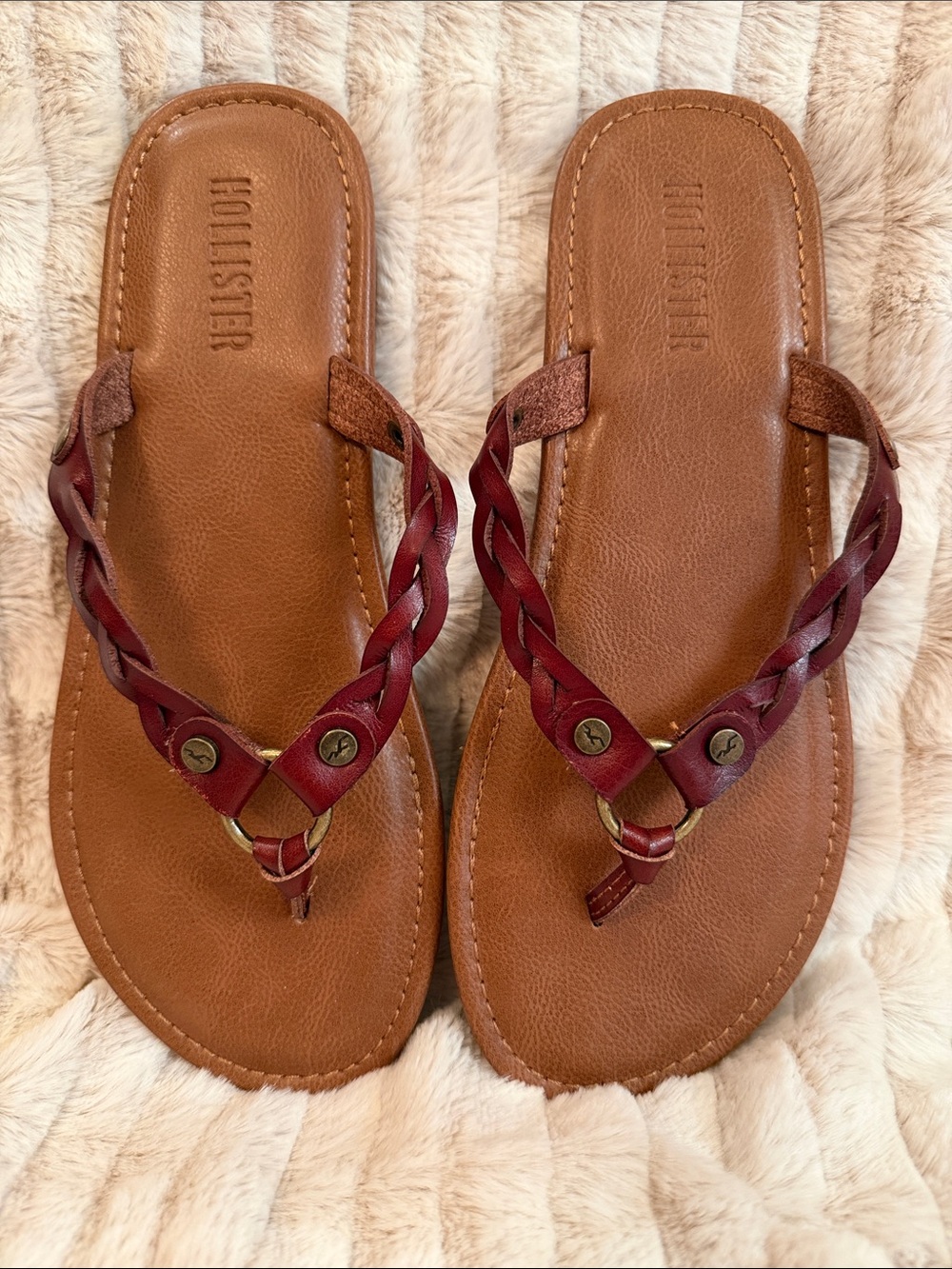 Hollister Brown Sandals with Burgundy Braided Straps